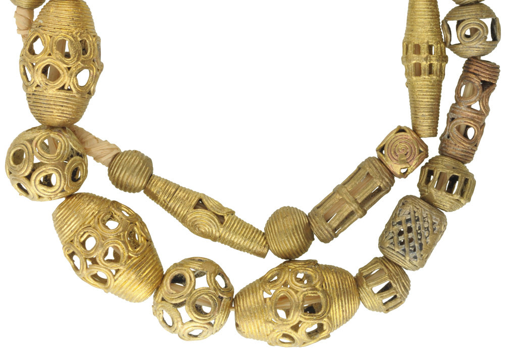 African Brass Beads Strand 26" - Handmade In Ghana Using Lost Wax - close-up