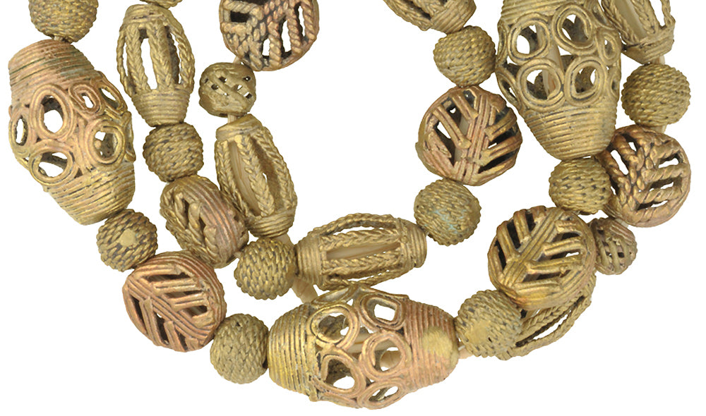 Authentic African Brass Beads Handmade In Ghana - 27.5" Strand - close-up