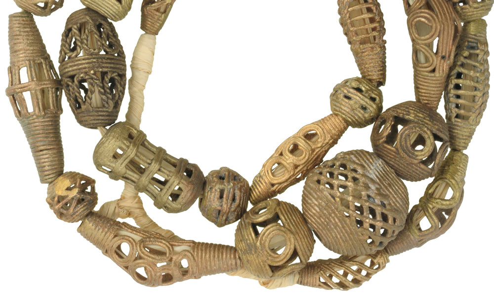 Handmade Brass Beads From Ghana, Ashanti Lost Wax Technique, 25.5" Strand - close-up