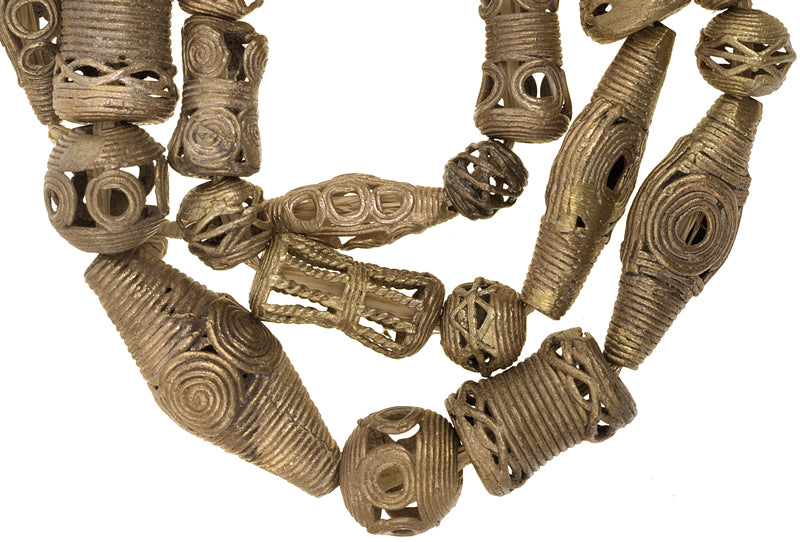 Handmade African Brass Beads From Ghana - Lost Wax Technique - 28" Strand - close-up