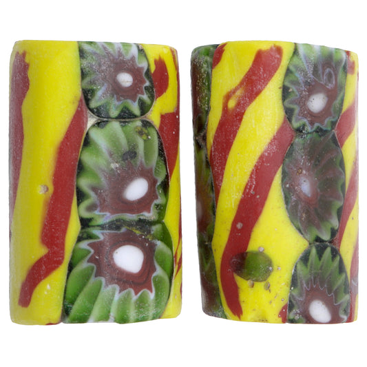 Rare Antique Venetian Millefiori Mosaic Glass Trade Beads Pair, 19X11Mm