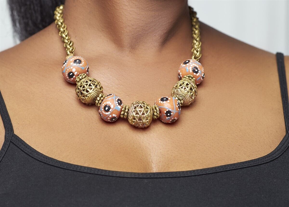 Handmade African Trade Beads Necklace With Recycled Glass And Brass - zoomed-in detail