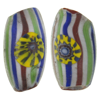 Rare Chevron Bead Pair With Murrine - Antique Venetian Trade Beads