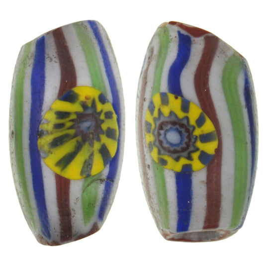 Rare Chevron Bead Pair With Murrine - Antique Venetian Trade Beads