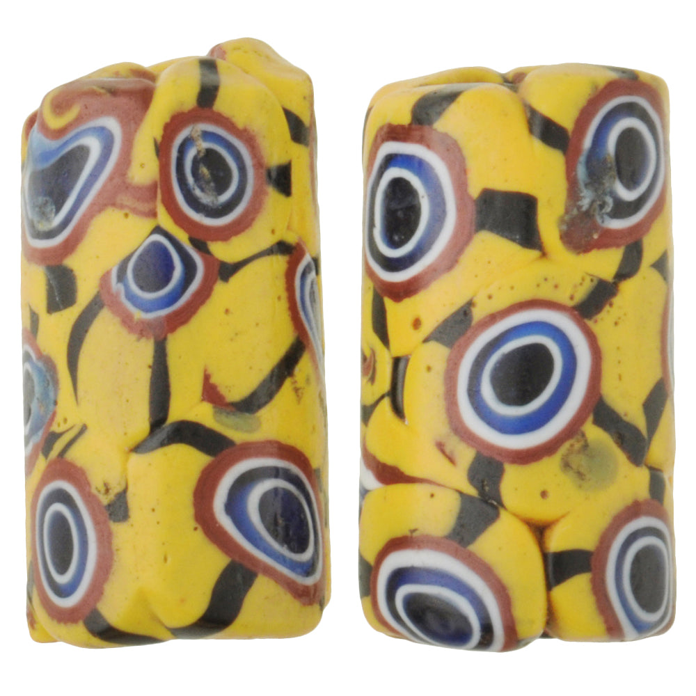 Antique Millefiori Venetian Mosaic Glass Trade Beads Pair, 21X11Mm
