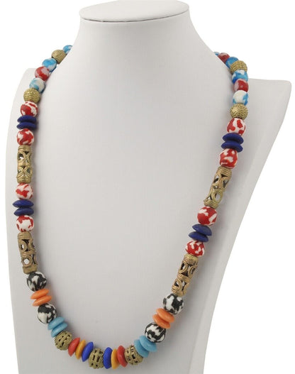 Handmade Brass Recycled Glass Beads Ghana African Necklace - close-up