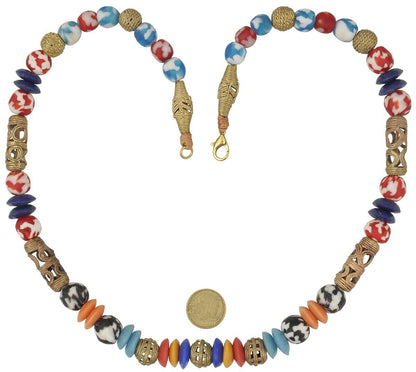 Handmade Brass Recycled Glass Beads Ghana African Necklace - angled shot
