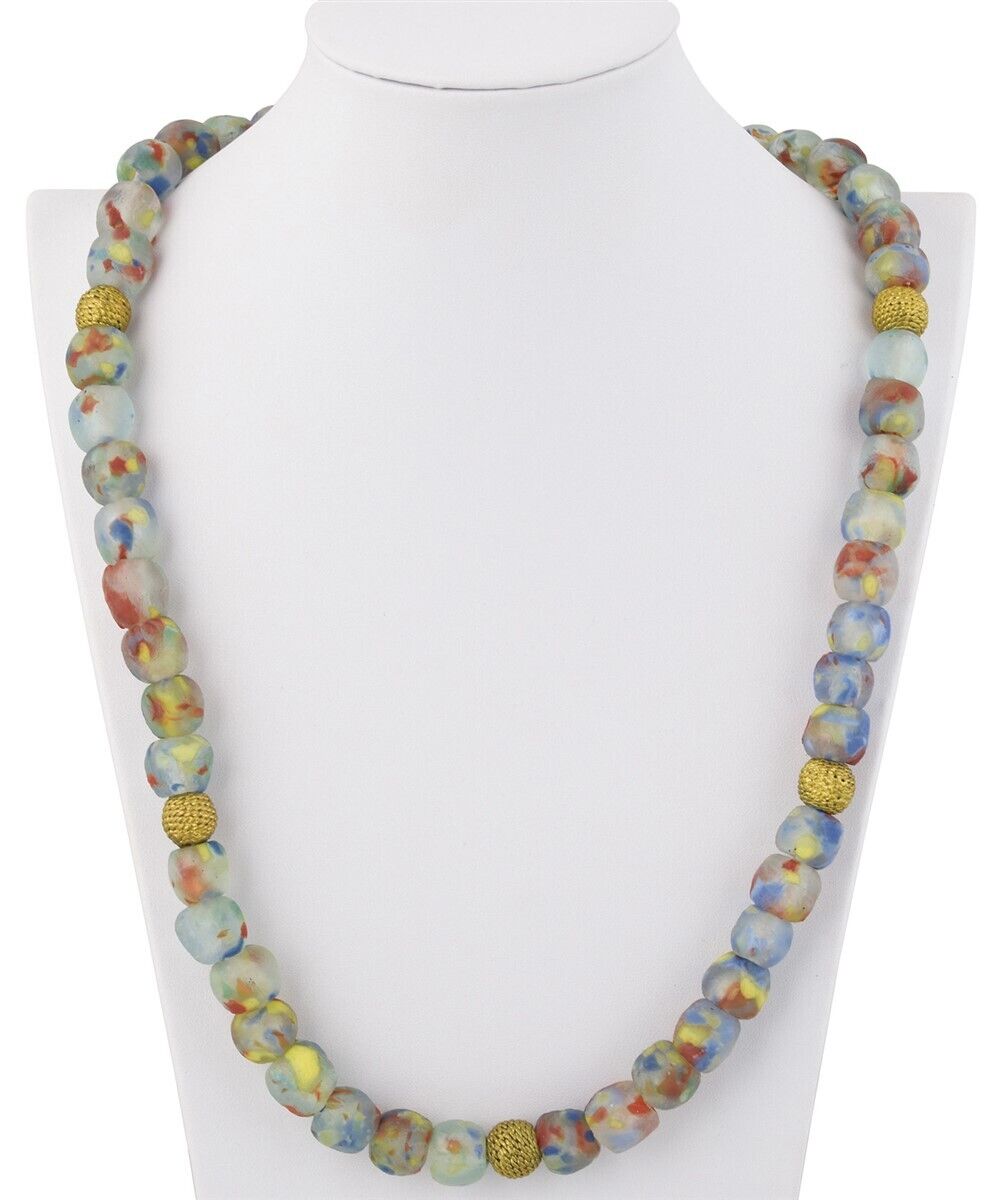 Handmade Multicolor African Beads Necklace - Beaded Glass & Brass - zoomed-in detail