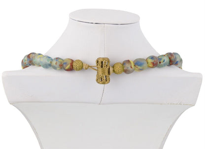 Handmade Multicolor African Beads Necklace - Beaded Glass & Brass - product focus
