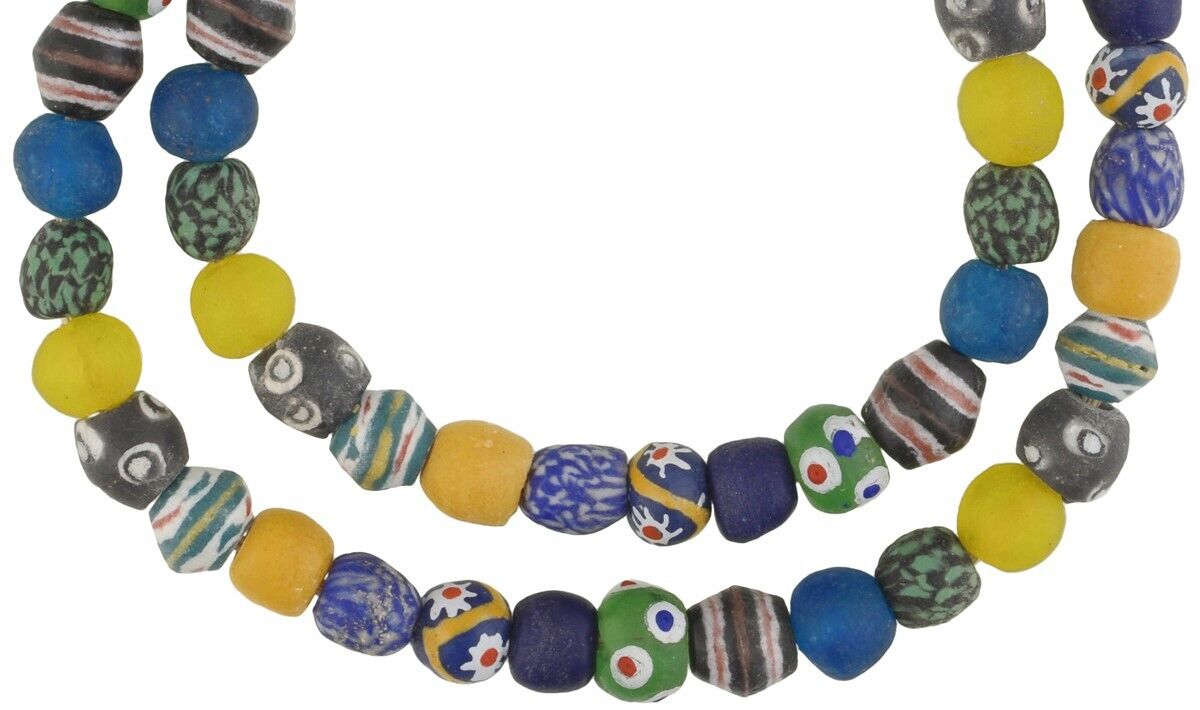 Authentic Krobo Glass Beads Necklace - 26" Recycled African Trade Beads - close-up