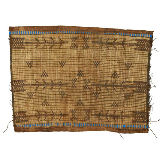 Authentic Tuareg Straw & Leather Mat – Blue Geometric, 25″ × 19″