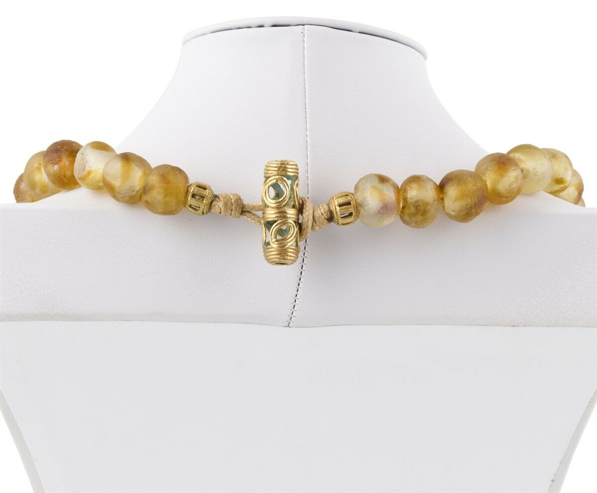 Handmade Recycled Powder Glass Beads Necklace Krobo Brass Ashanti African Trade - zoomed-in detail