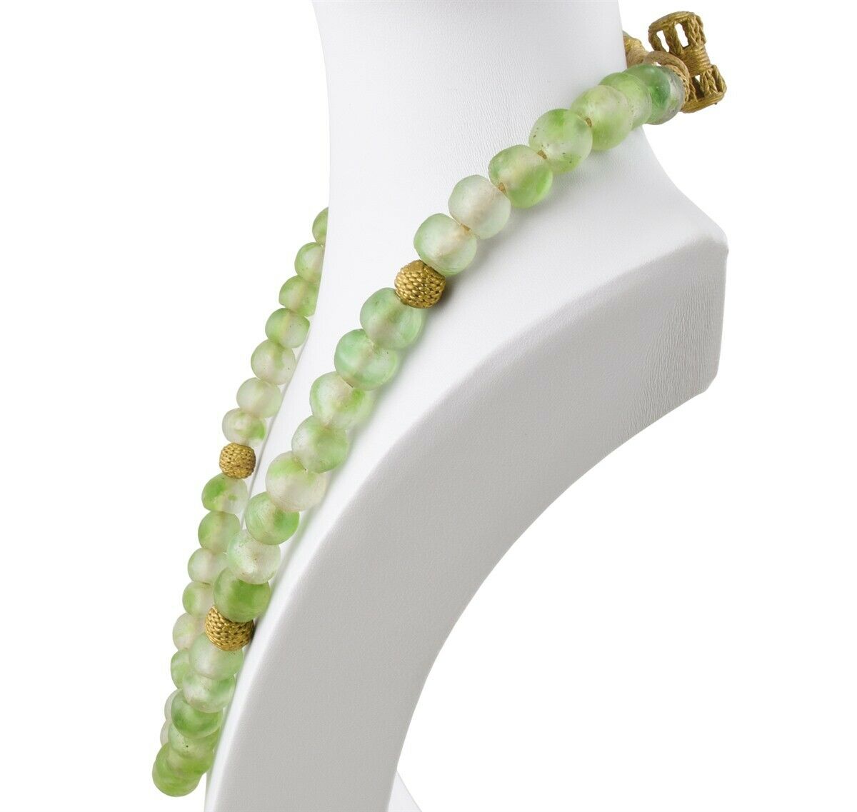 Handmade Green Beaded Glass Necklace With African Trade Beads & Brass - angled shot