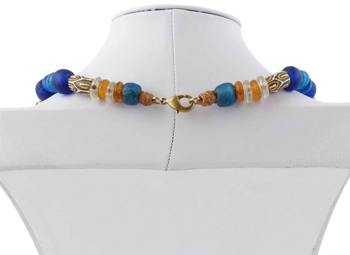 Handmade Necklace Recycled Powder Glass Beads Krobo Ghana Jewelry African Trade - close-up