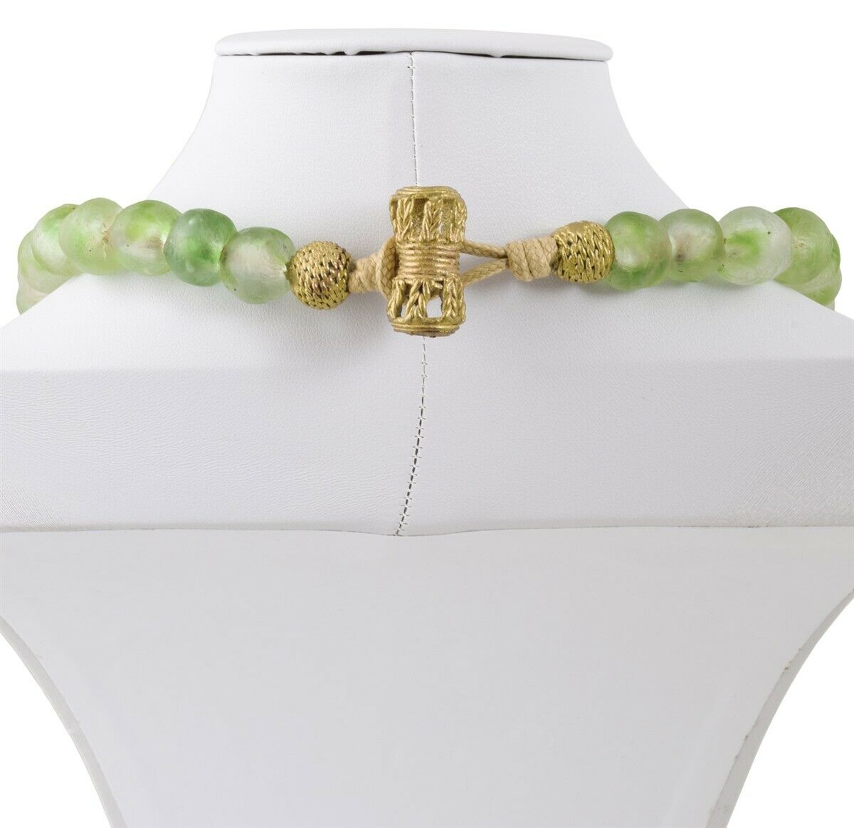 Handmade Green Beaded Glass Necklace With African Trade Beads & Brass - product focus