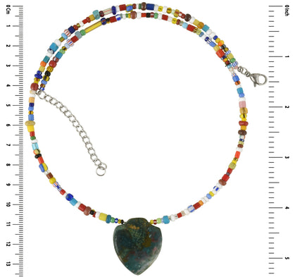 Old African Trade Glass Seed Beads Agate Stone Stainless Steel Handmade Necklace - close-up