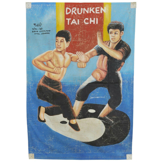 Drunken Tai Chi - Authentic Hand-Painted Ghanaian Movie Poster - Cynthia Rothrock and Donnie Yen action scene