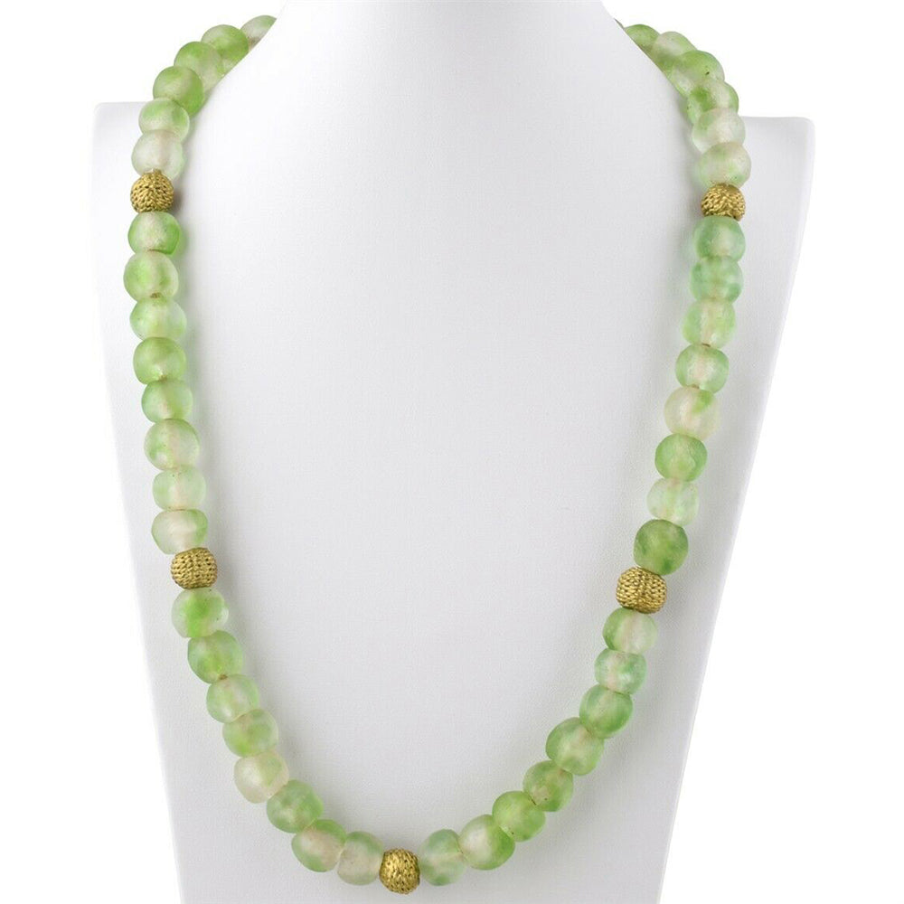 Handmade Green Beaded Glass Necklace With African Trade Beads & Brass - close-up