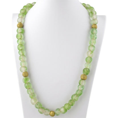 Handmade Green Beaded Glass Necklace With African Trade Beads & Brass - close-up