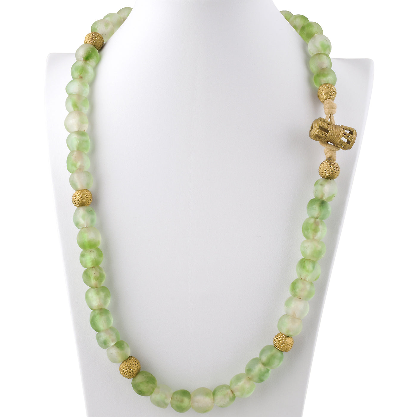 Handmade Green Beaded Glass Necklace With African Trade Beads & Brass - zoomed-in detail