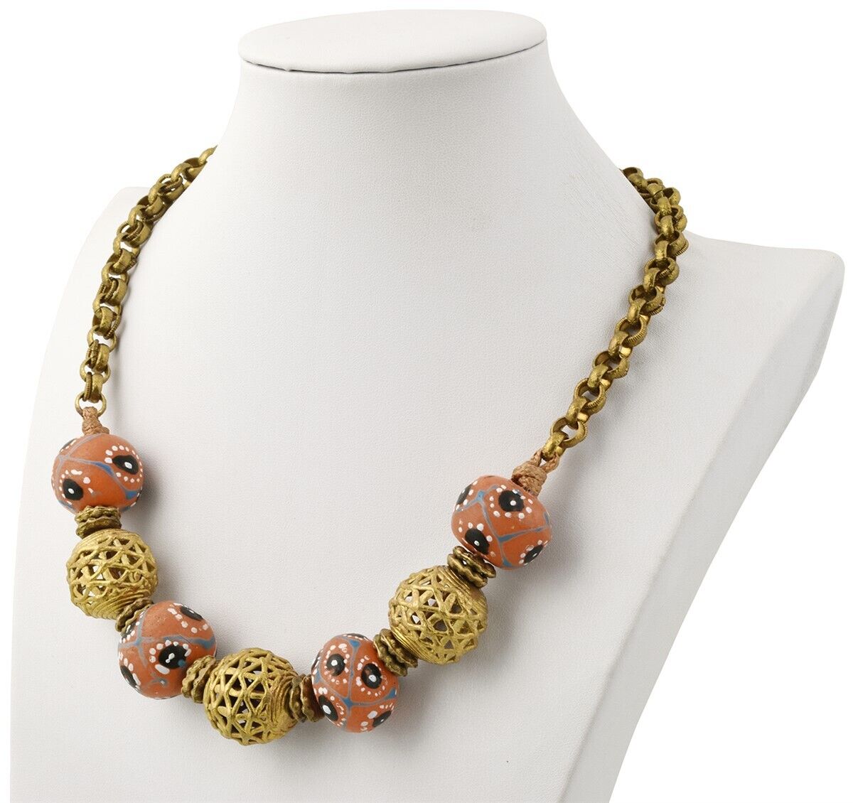 Handmade African Trade Beads Necklace With Recycled Glass And Brass - angled shot
