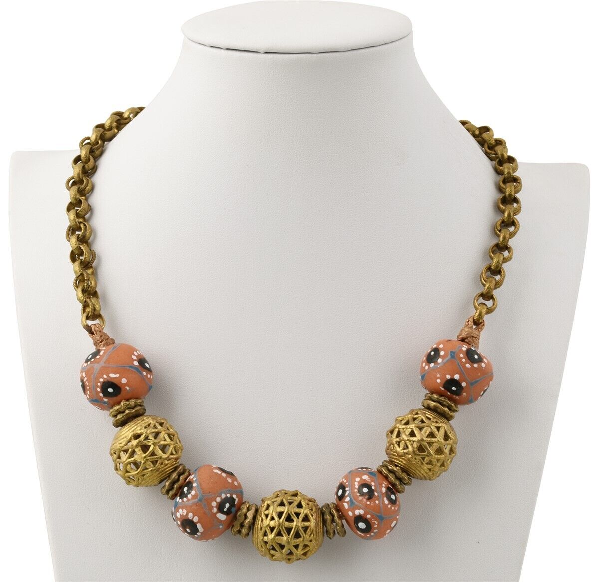 Handmade African Trade Beads Necklace With Recycled Glass And Brass - product focus