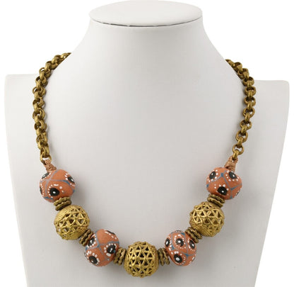 Handmade African Trade Beads Necklace With Recycled Glass And Brass - product focus