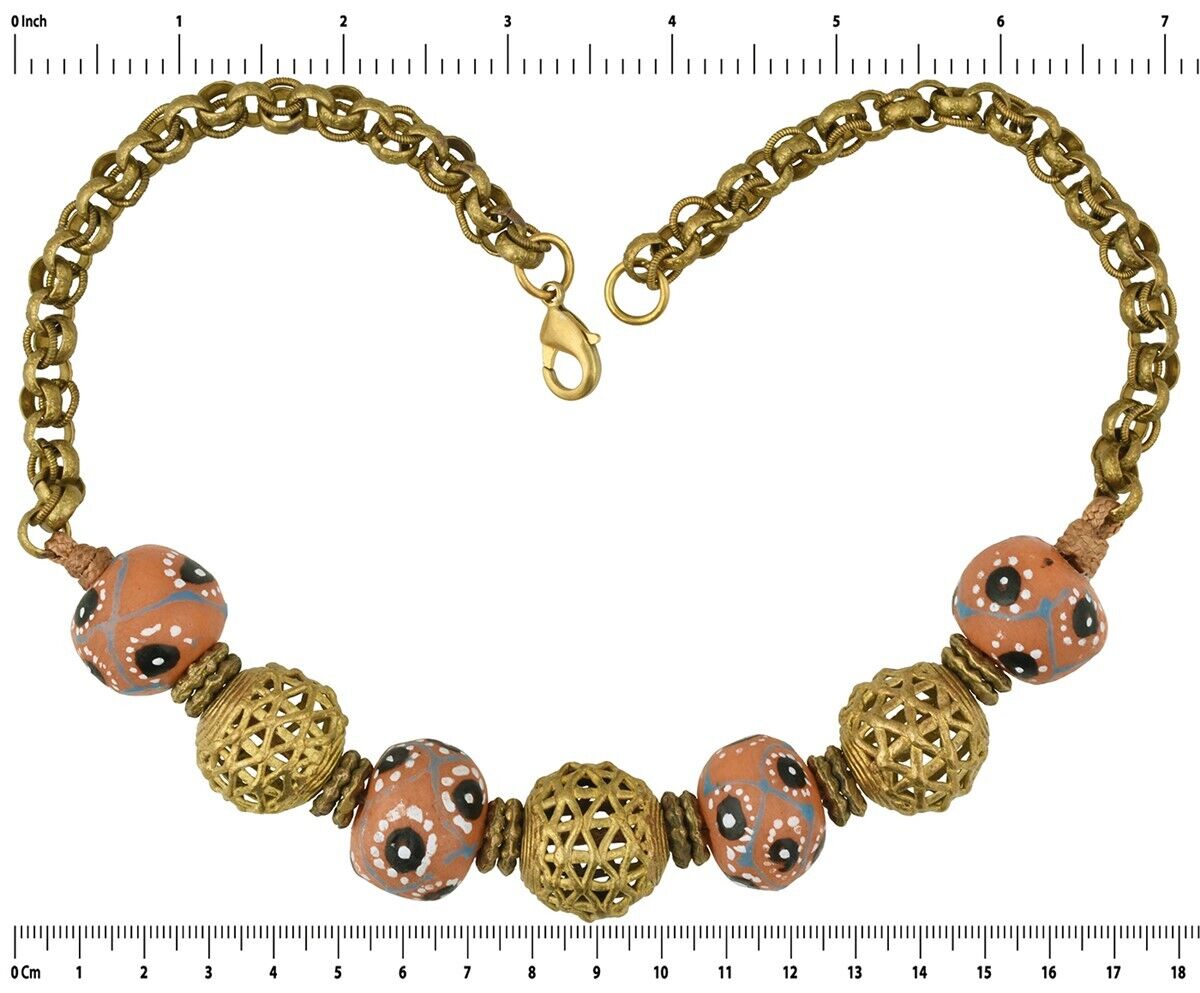 Handmade African Trade Beads Necklace With Recycled Glass And Brass - cropped detail