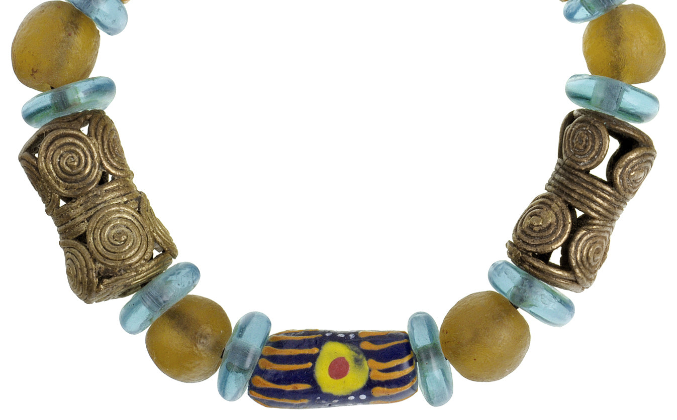 Handmade Beaded Bracelet - Ghana Glass & Brass Beads - close-up