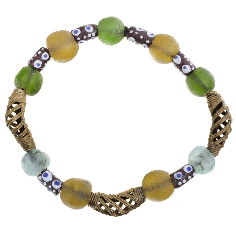 Handmade Beaded Bracelet - Glass & Brass Beads From Ghana - focused artwork area