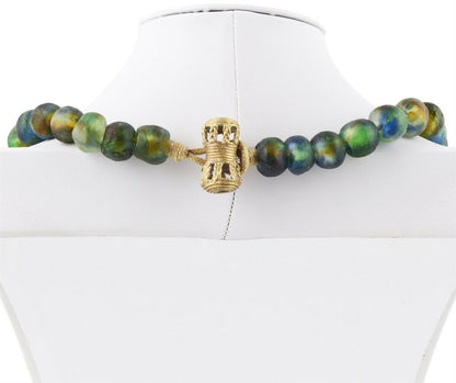 Recycled Powder Glass Beads Handmade Krobo Brass Ashanti African Tribal Necklace - zoomed-in detail