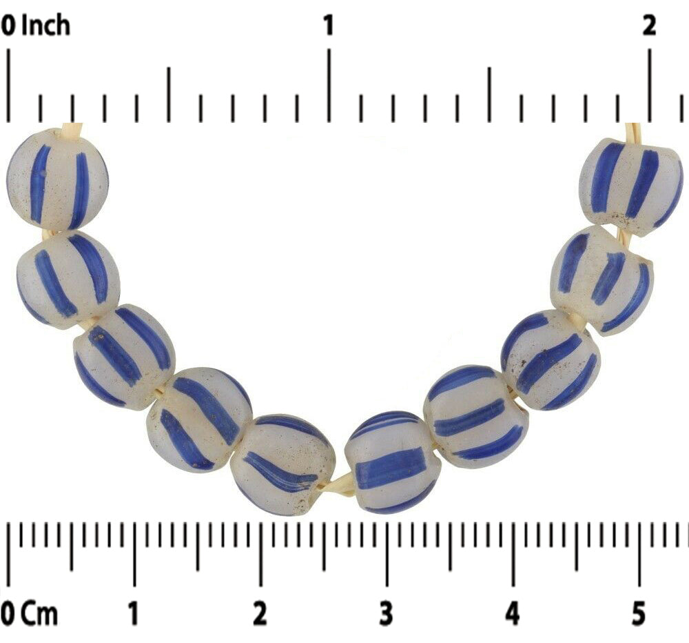 Antique Blue Striped Tabular Venetian Lampwork Trade Beads - close-up