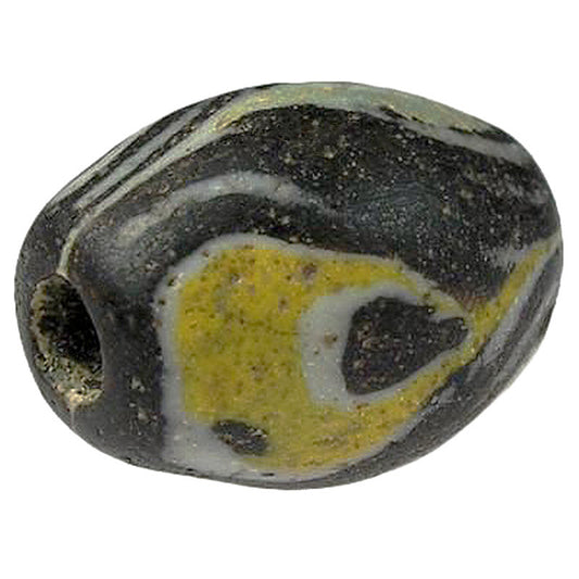 Old Islamic Black, Yellow & White Folded Glass Bead - Fustat, Egypt
