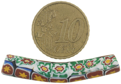 Rare Antique Elbow Venetian Millefiori Mosaic Glass Trade Bead, 40X7Mm - close-up
