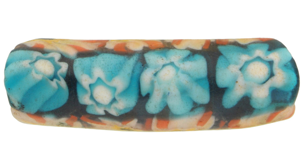 Rare Antique Elbow Millefiori Mosaic Venetian Trade Bead, 30X9Mm - zoomed-in detail