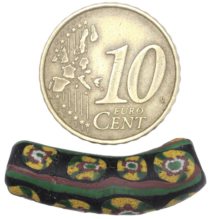 Rare Antique Venetian Elbow Millefiori Trade Bead, Mosaic Glass, 26X8Mm - close-up
